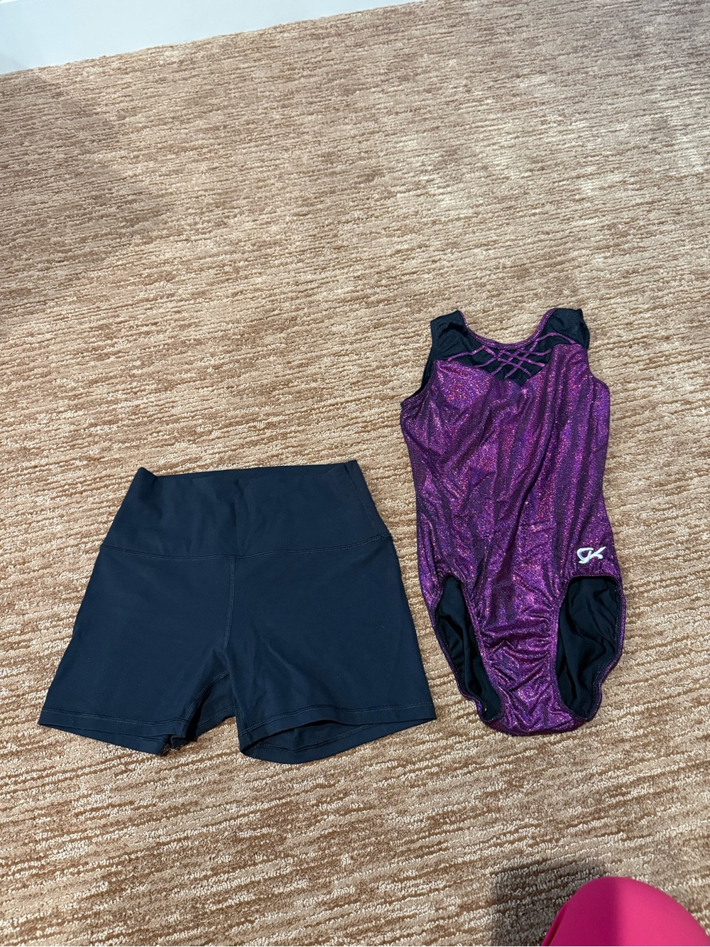 Purple Shimmer Gymnastics Leotard with Black Shorts